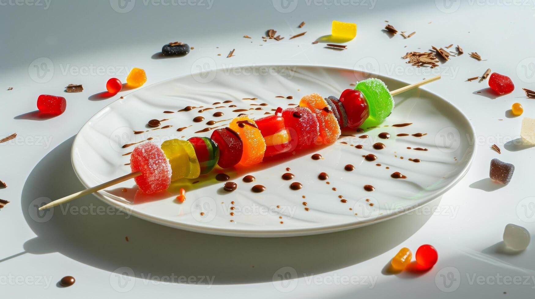 Vibrant Fruit Candies on Skewer Served on White Plate with Chocolate Drizzle photo