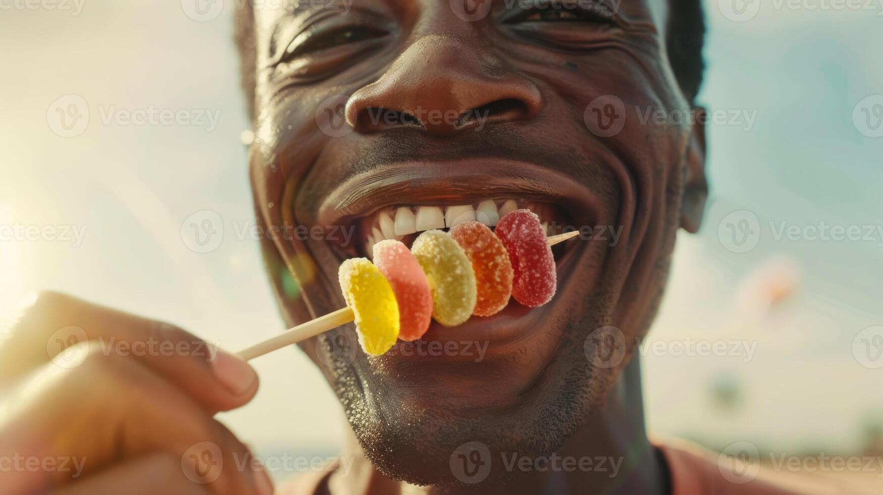 Joyful Man Eating Colorful Gummy Candies at Sunset photo
