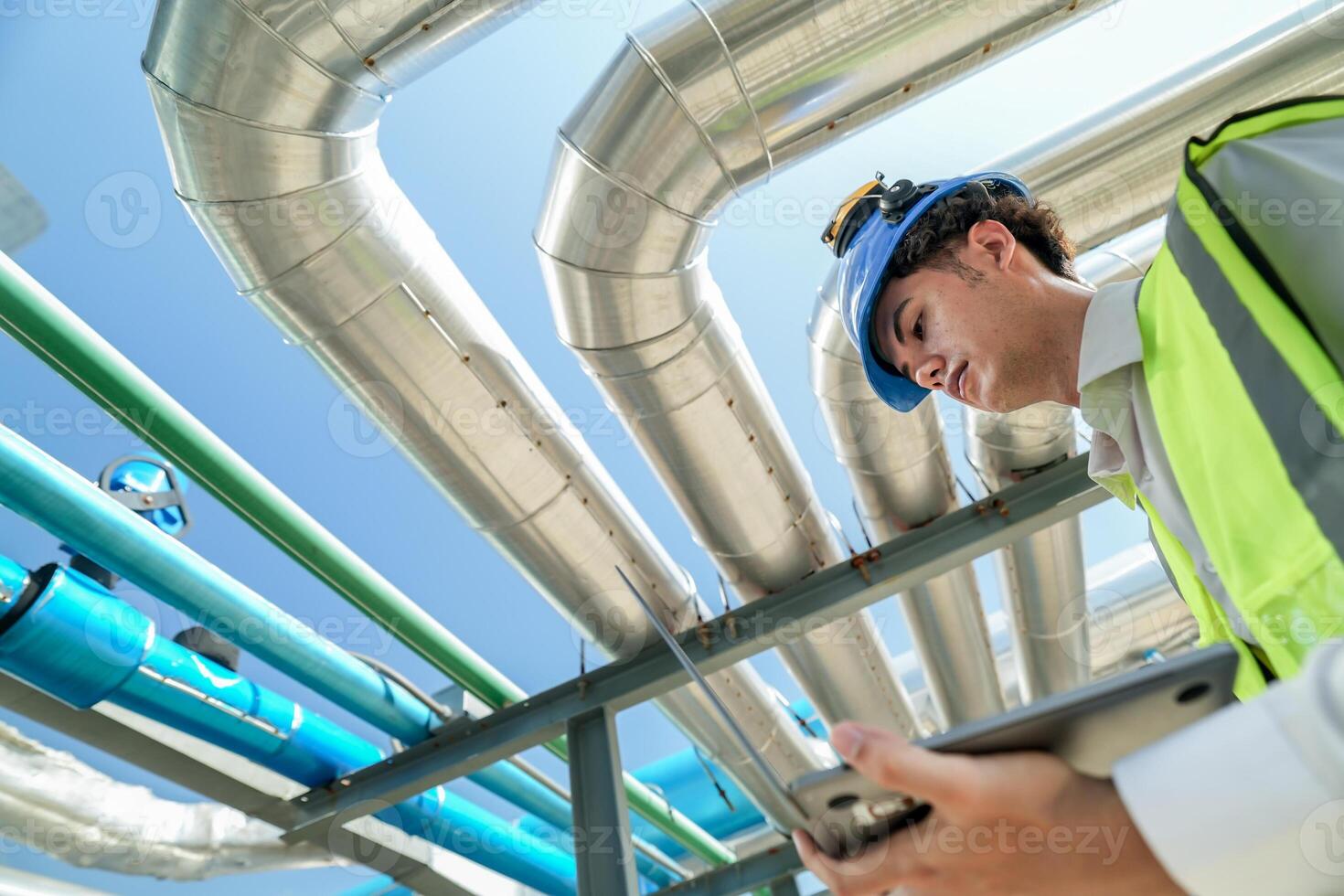 Industrial engineer adjusting pipeline valve with radio communication on construction site. Engineer on urban construction site using radio to coordinate with team on a sunny industrial rooftop. photo