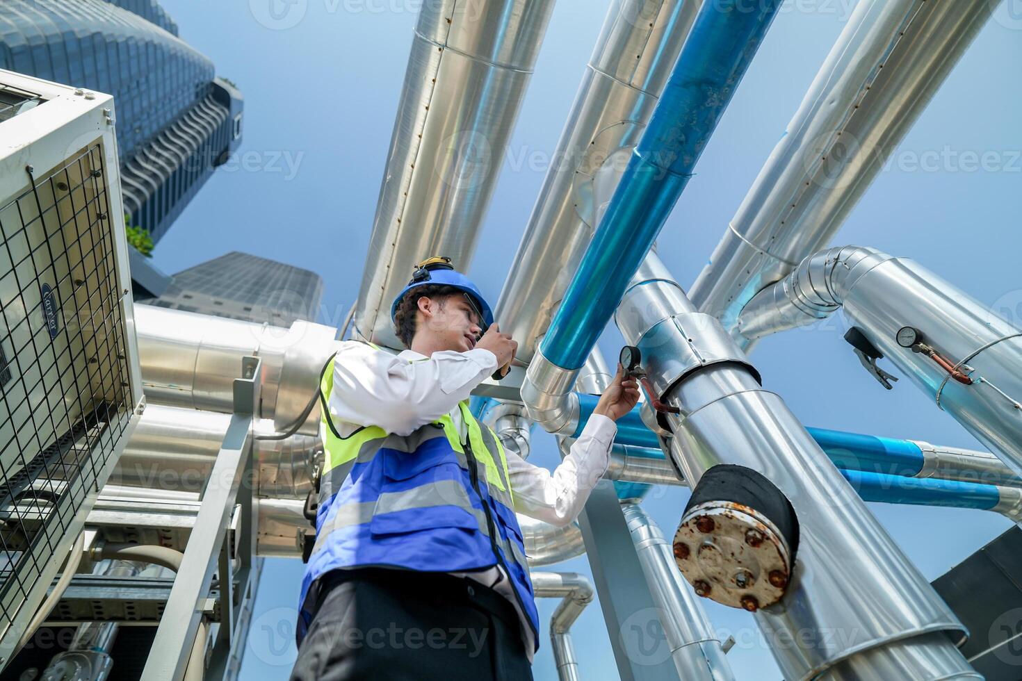 Industrial engineer adjusting pipeline valve with radio communication on construction site. Engineer on urban construction site using radio to coordinate with team on a sunny industrial rooftop. photo