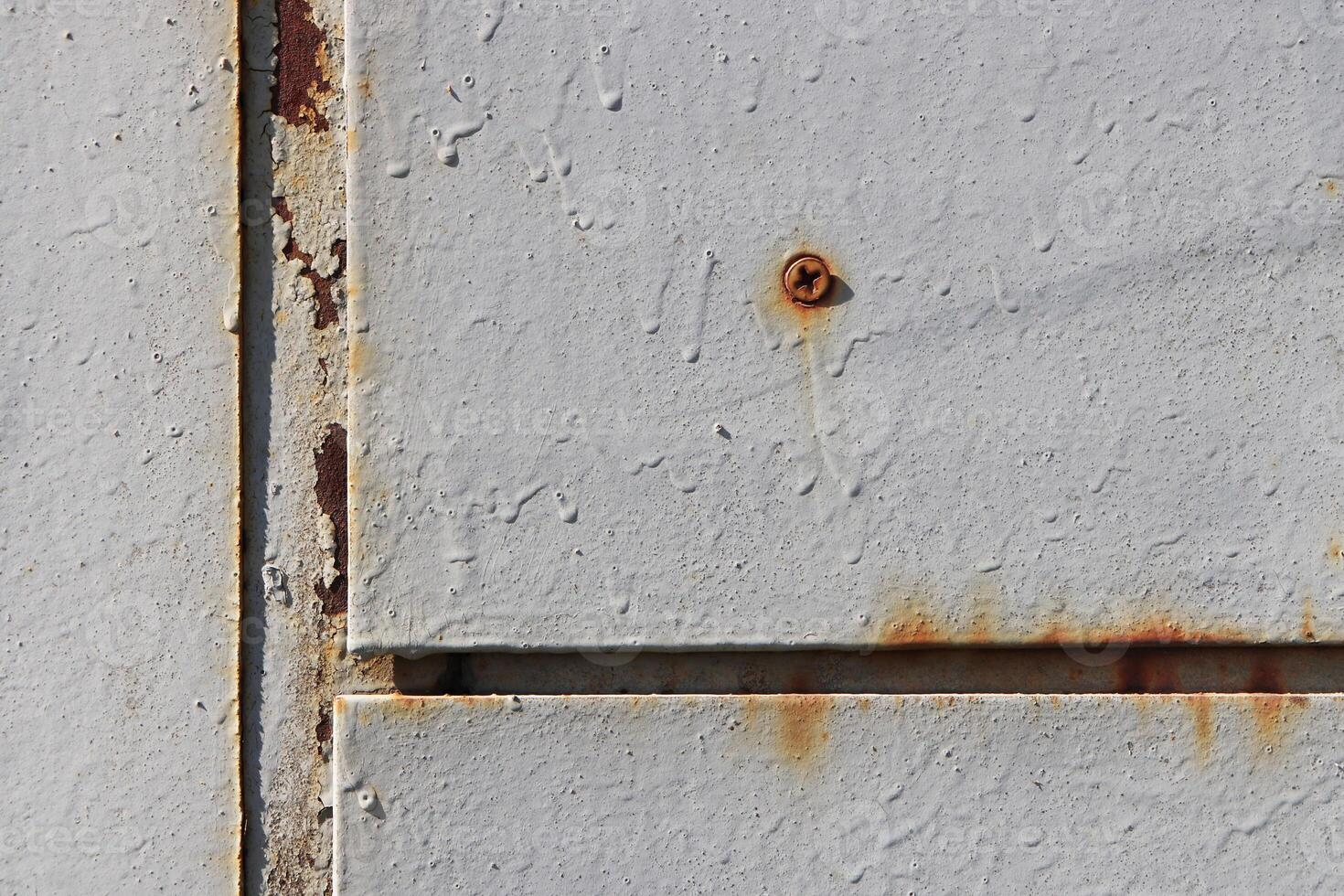 Rust White Painted Wall Texture Fragment. Screw. photo