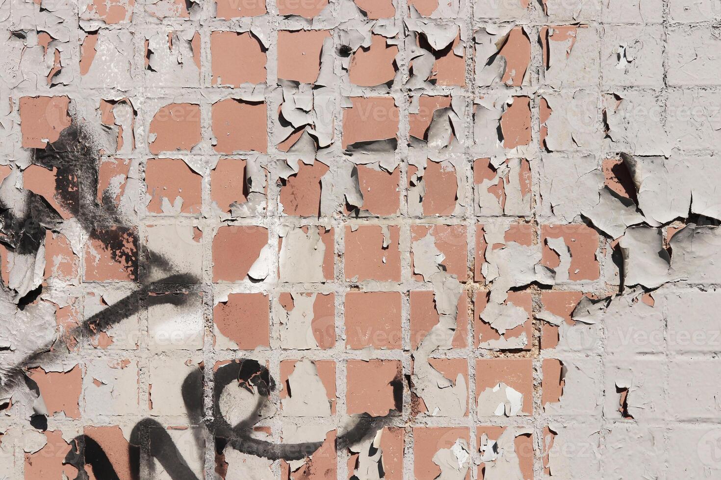 Old Weathered Brown Painted Tiles Wall Texture. Urban Street Bac photo