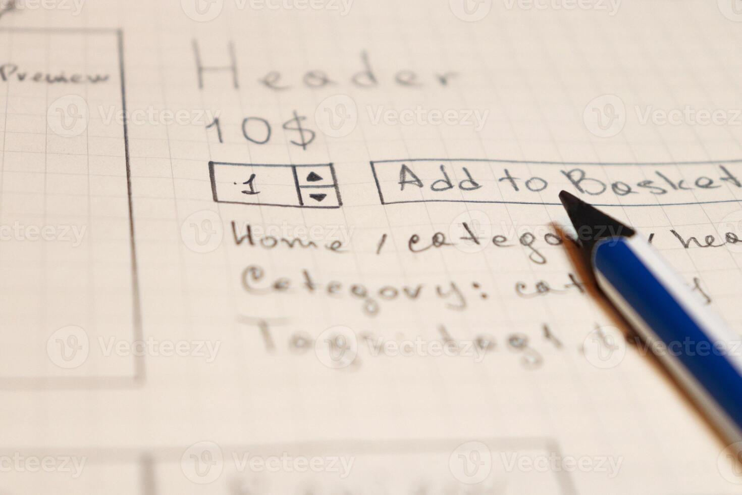 Online shop single page prototyping sketch with blue pencil. Web photo
