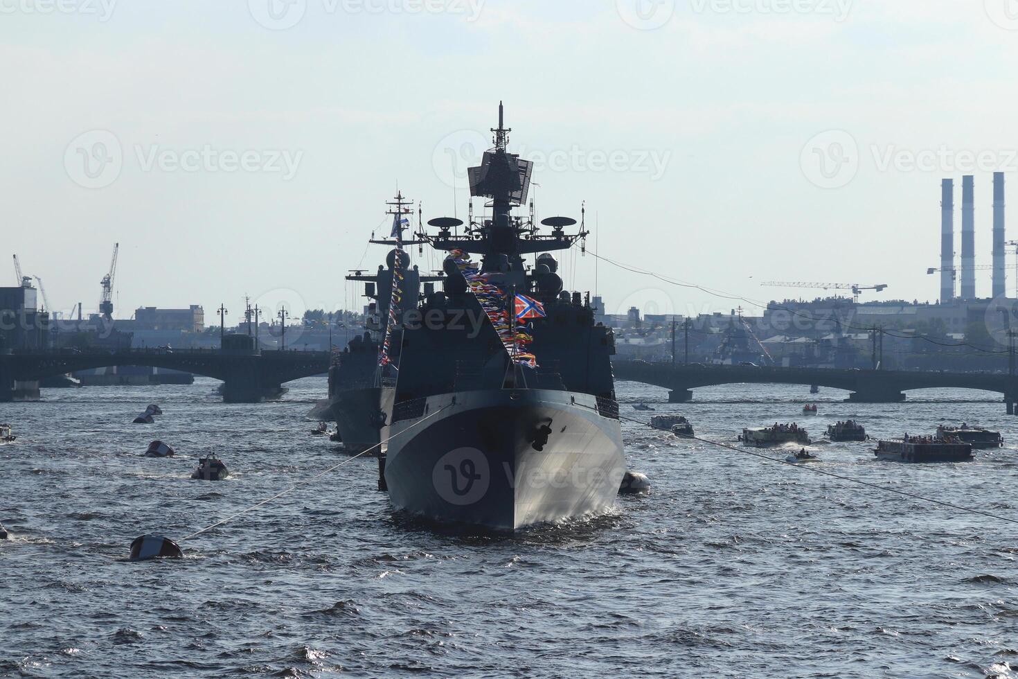 Russian Navy Battleships on Neva River. Day of the Russian Navy. Saint-Petersburg. photo