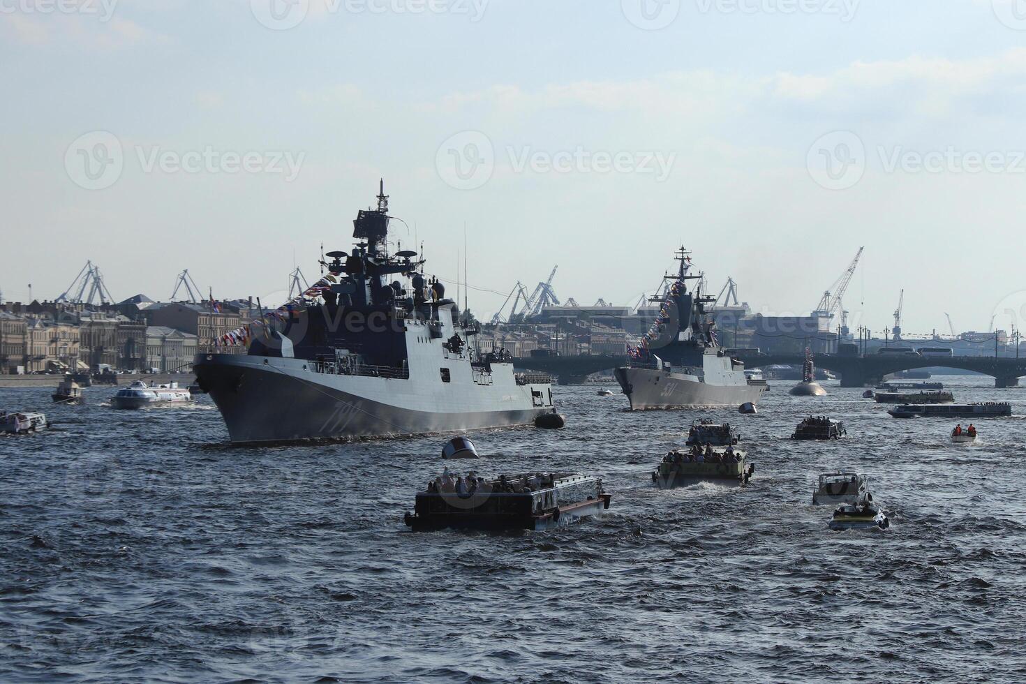 Russian Navy Battleships with passenger boats on Neva River. Day of the Russian Navy. Saint-Petersburg. photo