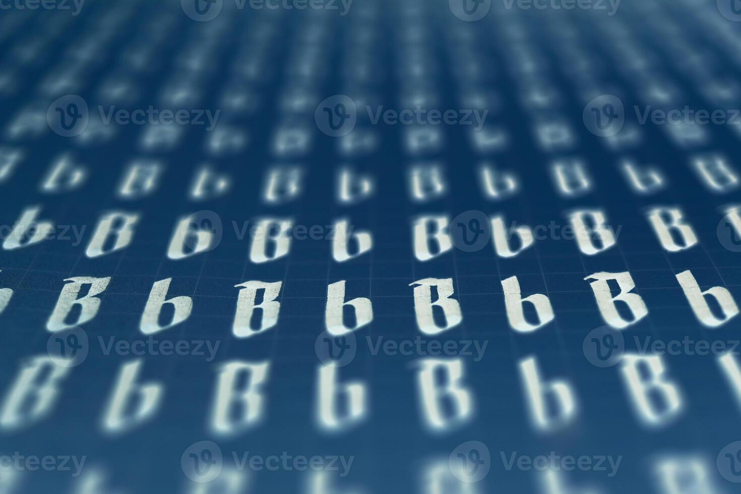 Calligraphic white on dark blue letter B learning skills paper page. Calligraphy letters B background. Lettering practice writing worksheet. Handwriting symbol filling pattern. photo