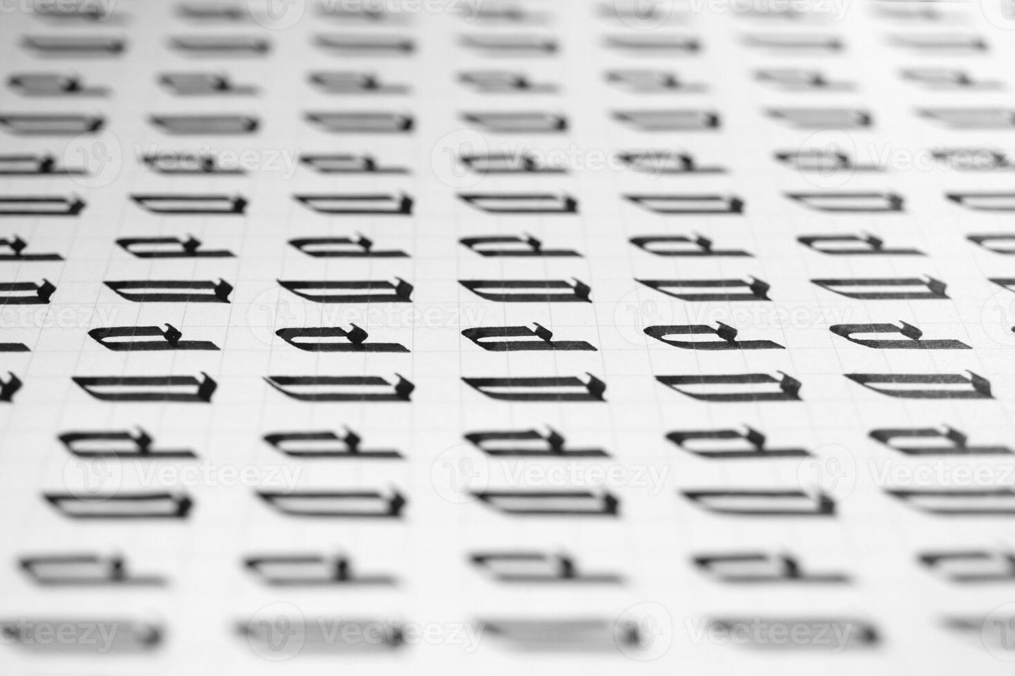 Calligraphy black and white letters D background. Lettering practice writing worksheet. Handwriting symbol filling pattern. Calligraphic letter D learning skills paper page. photo