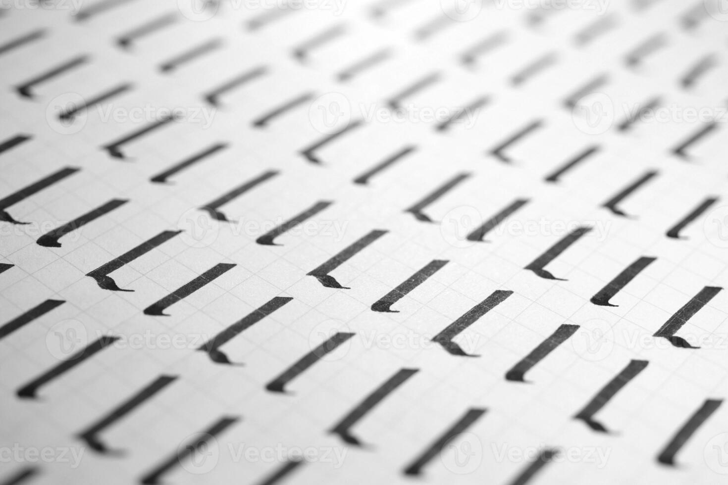 Calligraphy black and white letters L background. Lettering practice writing worksheet. Handwriting symbol filling pattern. Calligraphic letter l learning skills paper page. photo