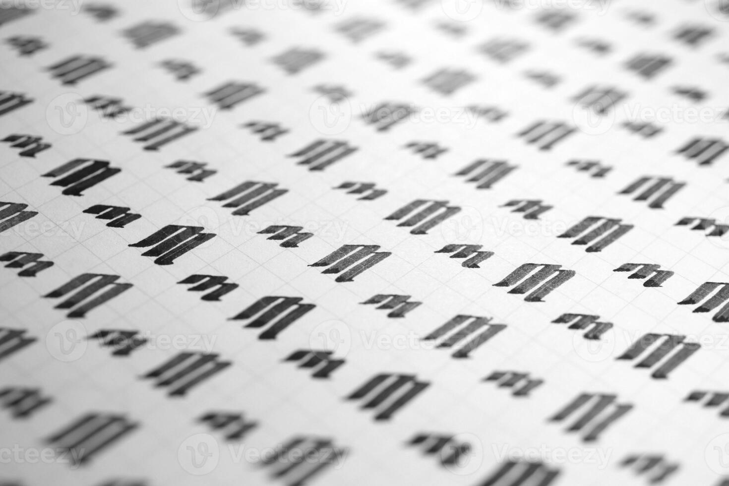 Calligraphy black and white letters M background. Lettering practice writing worksheet. Handwriting symbol filling pattern. Calligraphic letter m learning skills paper page. photo