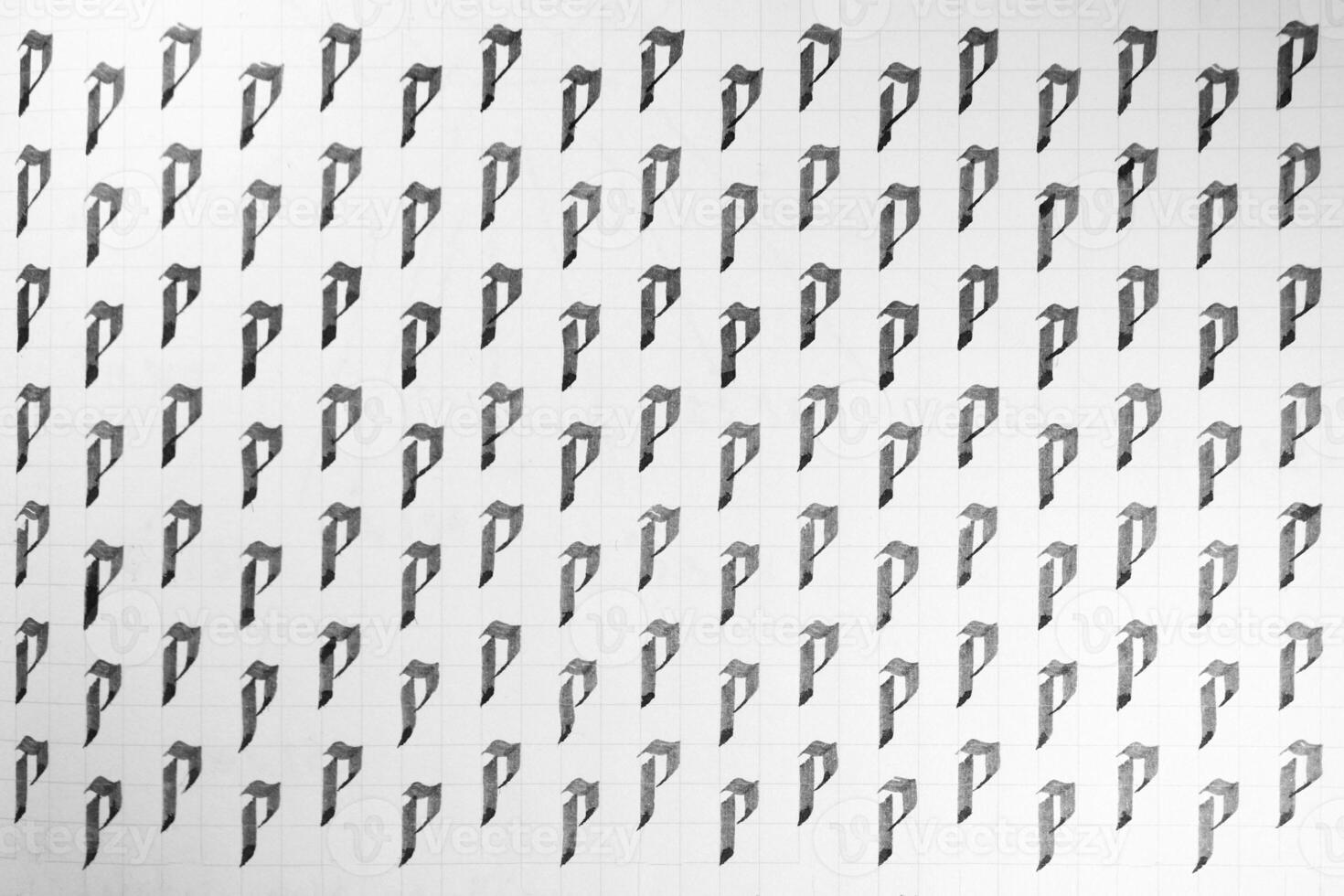 Handwriting black and white symbol filling pattern. Calligraphic letter P learning skills paper page. Calligraphy letters p background. Lettering practice writing worksheet. photo