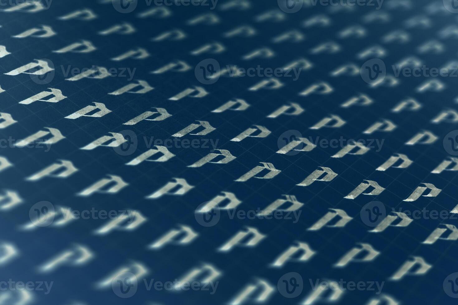 Calligraphic white on dark blue letter P learning skills paper page. Calligraphy letters p background. Lettering practice writing worksheet. Handwriting symbol filling pattern. photo
