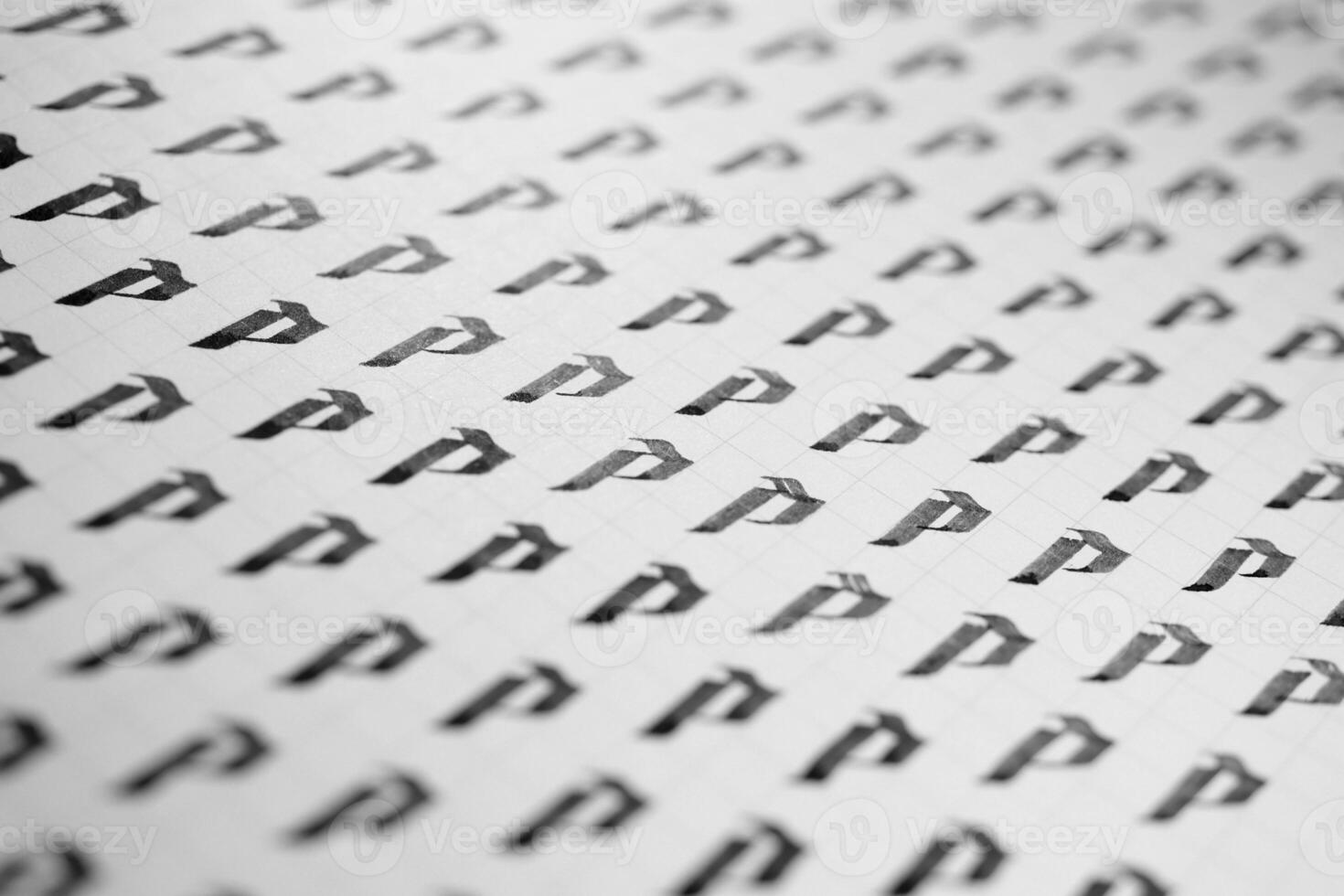 Calligraphy black and white letters P background. Lettering practice writing worksheet. Handwriting symbol filling pattern. Calligraphic letter p learning skills paper page. photo