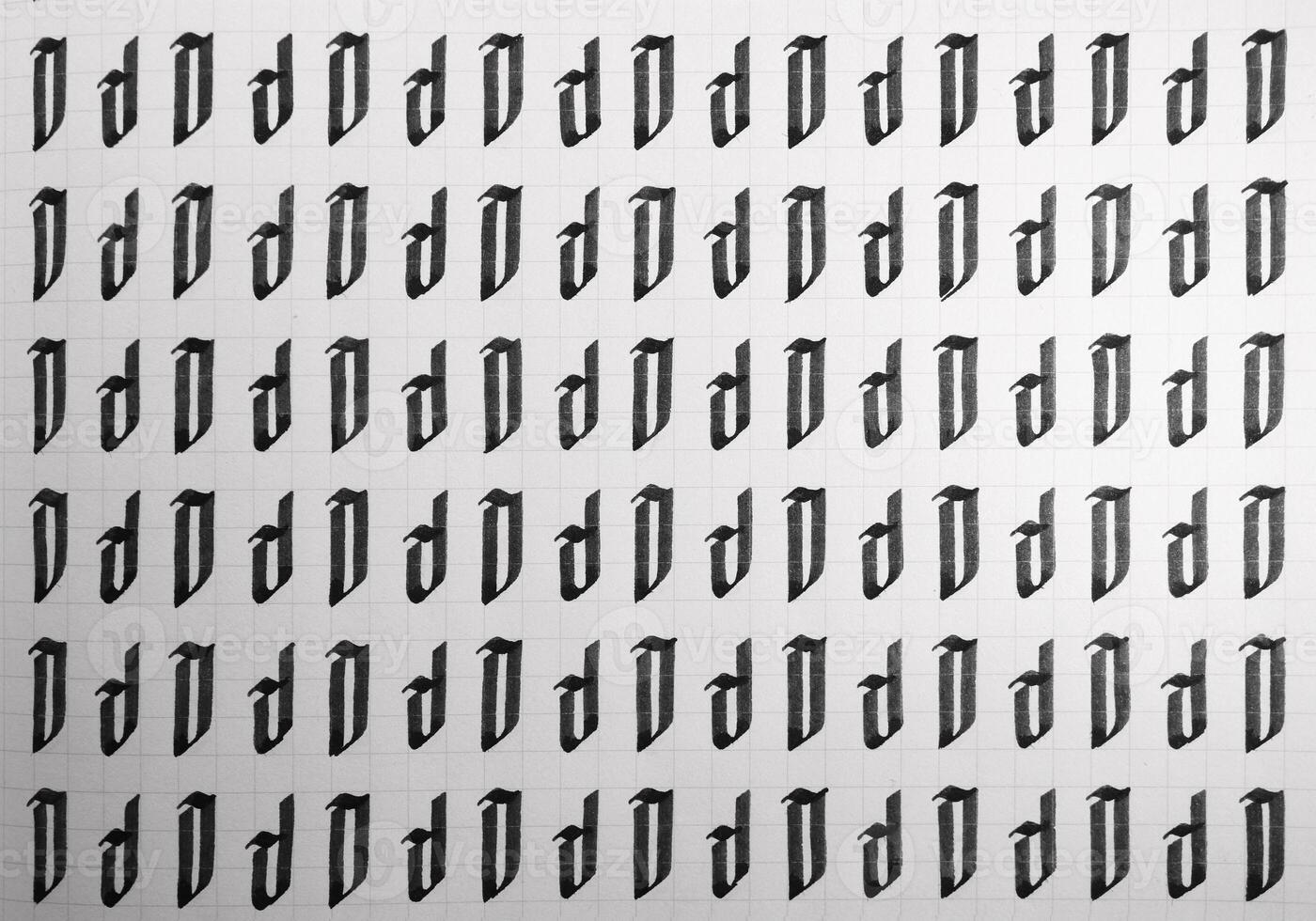 Handwriting black and white symbol filling pattern. Calligraphic letter D learning skills paper page. Calligraphy letters d background. Lettering practice writing worksheet. photo