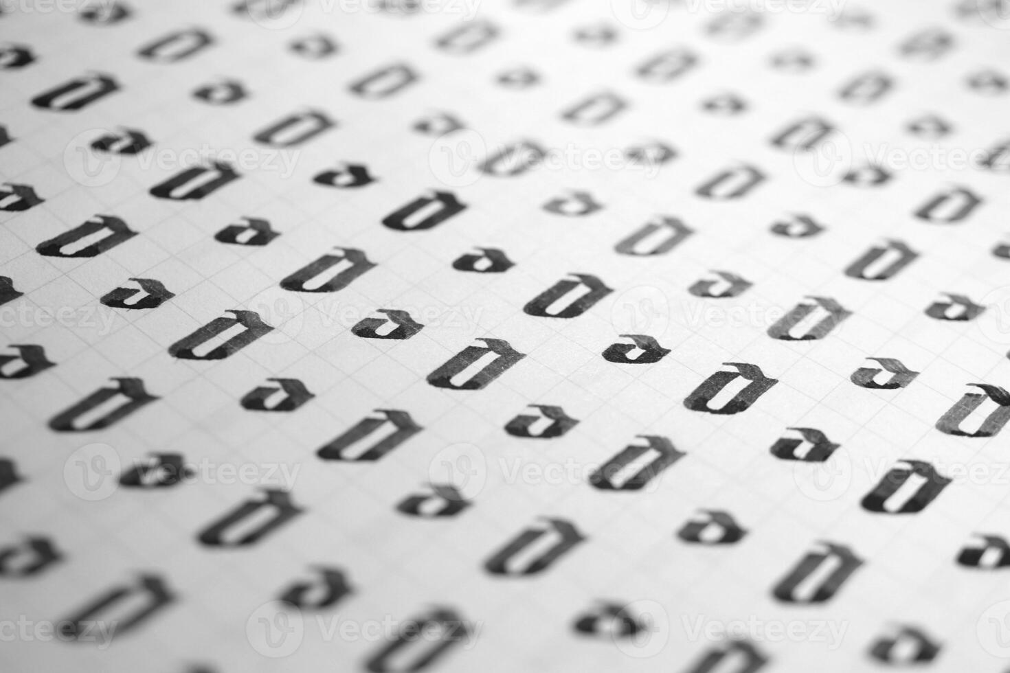 Calligraphy black and white letters O background. Lettering practice writing worksheet. Handwriting symbol filling pattern. Calligraphic letter o learning skills paper page. photo