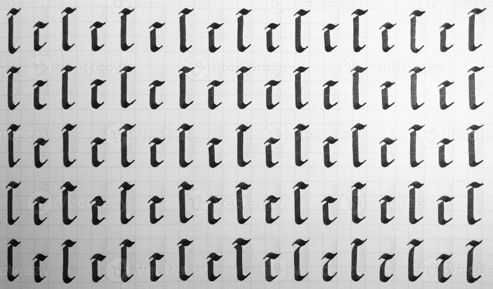 Calligraphy black and white letters C background. Lettering practice writing worksheet. Handwriting symbol filling pattern. Calligraphic letter c learning skills paper page. photo