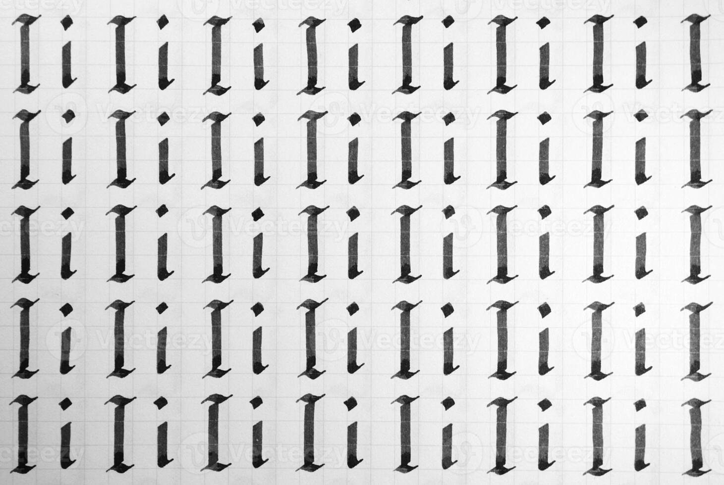 Calligraphy black and white letters I background. Lettering practice writing worksheet. Handwriting symbol filling pattern. Calligraphic letter i learning skills paper page. photo