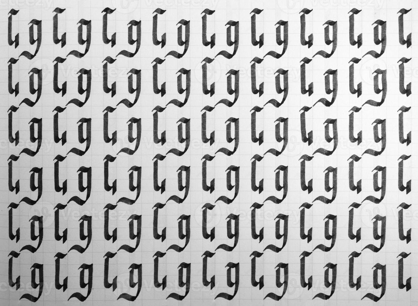 Calligraphy black and white letters G background. Lettering practice writing worksheet. Handwriting symbol filling pattern. Calligraphic letter g learning skills paper page. photo