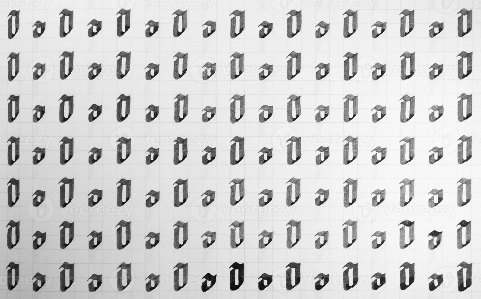 Calligraphy black and white letters O background. Lettering practice writing worksheet. Handwriting symbol filling pattern. Calligraphic letter o learning skills paper page. photo