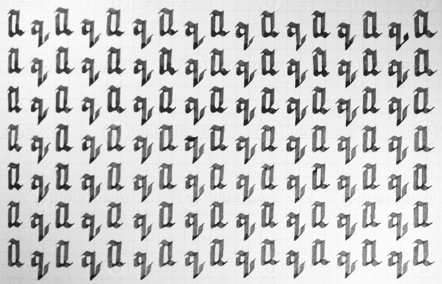 Handwriting black and white symbol filling pattern. Calligraphic letter Q learning skills paper page. Calligraphy letters q background. Lettering practice writing worksheet. photo