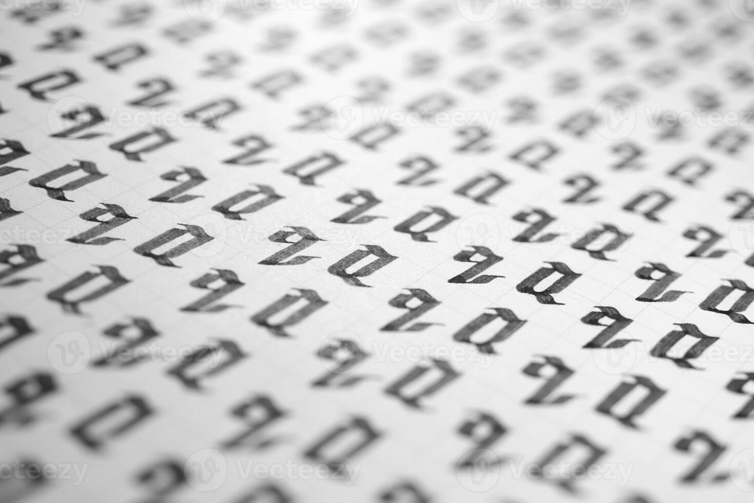 Calligraphy black and white letters Q background. Lettering practice writing worksheet. Handwriting symbol filling pattern. Calligraphic letter q learning skills paper page. photo
