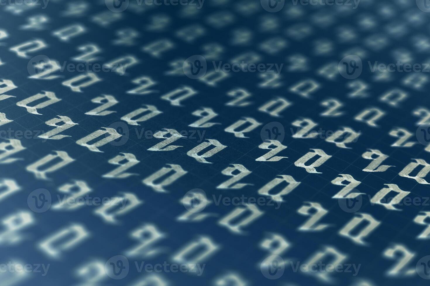 Calligraphic white on dark blue letter Q learning skills paper page. Calligraphy letters q background. Lettering practice writing worksheet. Handwriting symbol filling pattern. photo