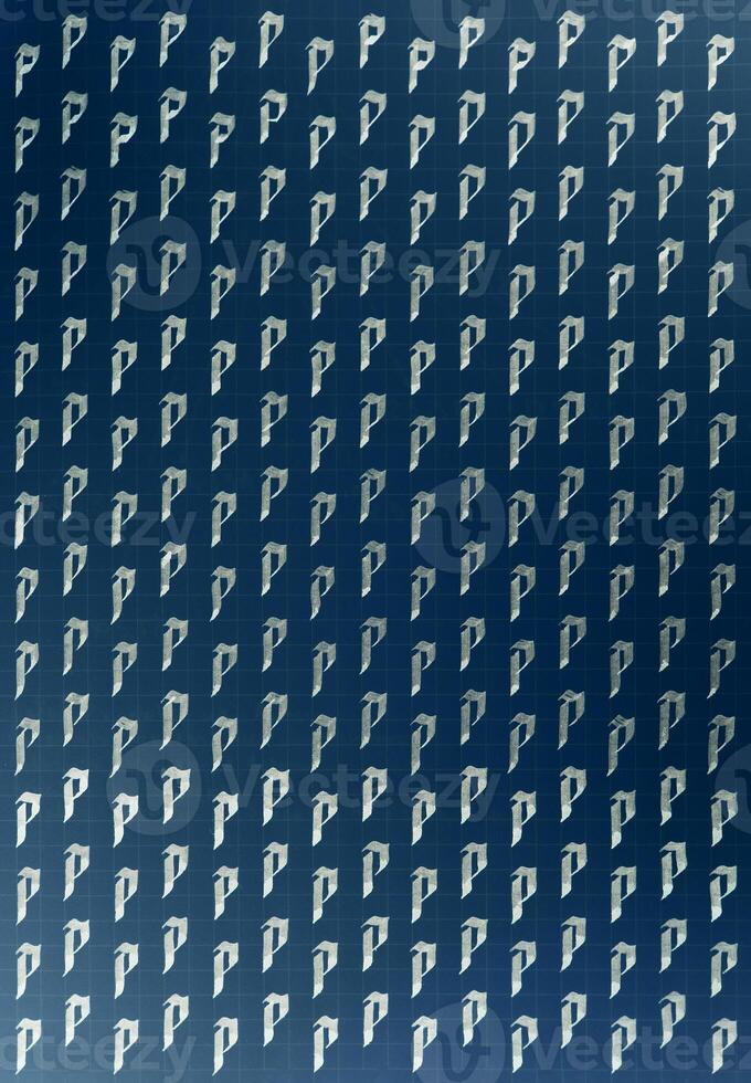Calligraphic white on dark blue letter P learning skills paper page. Calligraphy letters p background. Lettering practice writing worksheet. Handwriting symbol filling pattern. photo