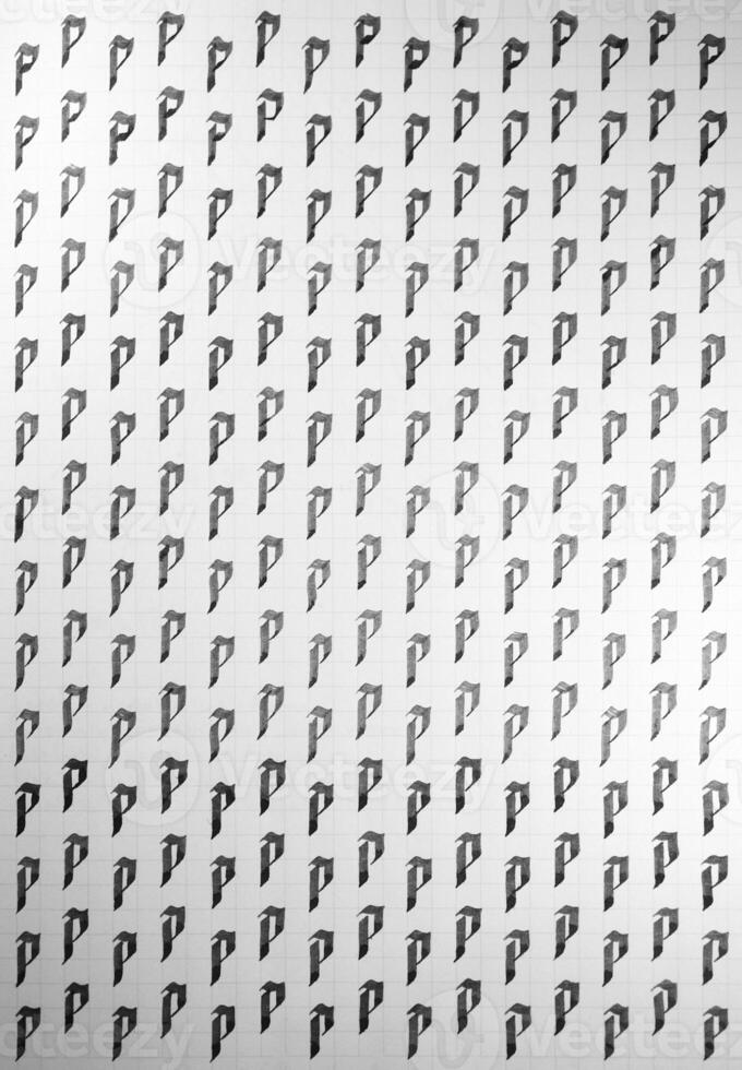 Calligraphy black and white letters P background. Lettering practice writing worksheet. Handwriting symbol filling pattern. Calligraphic letter p learning skills paper page. photo