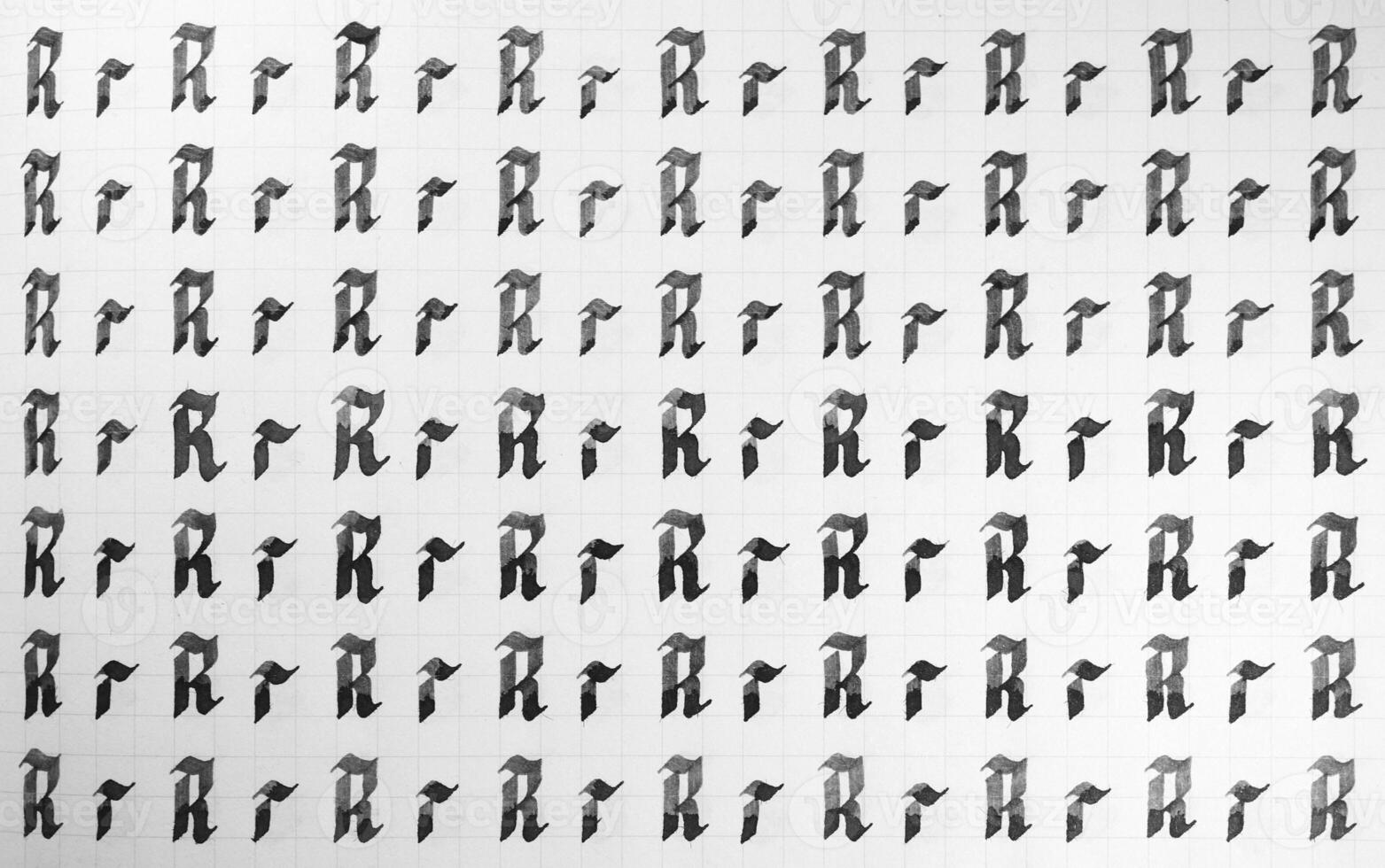 Calligraphy black and white letters R background. Lettering practice writing worksheet. Handwriting symbol filling pattern. Calligraphic letter r learning skills paper page. photo