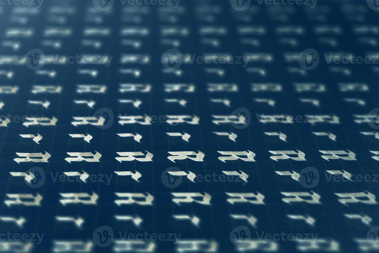 Calligraphic white on dark blue letter R learning skills paper page. Calligraphy letters r background. Lettering practice writing worksheet. Handwriting symbol filling pattern. photo