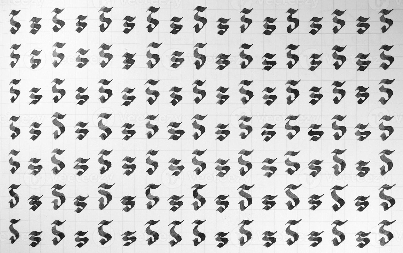 Handwriting black and white symbol filling pattern. Calligraphic letter S learning skills paper page. Calligraphy letters S background. Lettering practice writing worksheet. photo