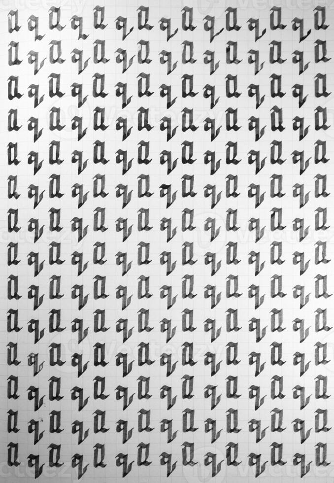 Calligraphy black and white letters Q background. Lettering practice writing worksheet. Handwriting symbol filling pattern. Calligraphic letter q learning skills paper page. photo
