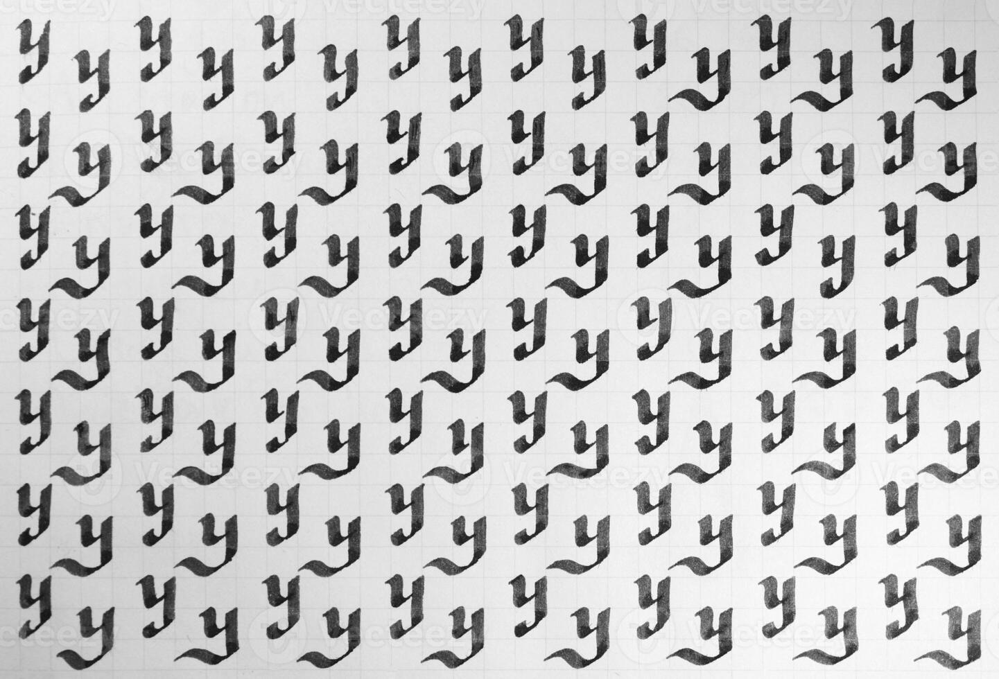 Calligraphy black and white letters Y background. Lettering practice writing worksheet. Handwriting symbol filling pattern. Calligraphic letter y learning skills paper page. photo
