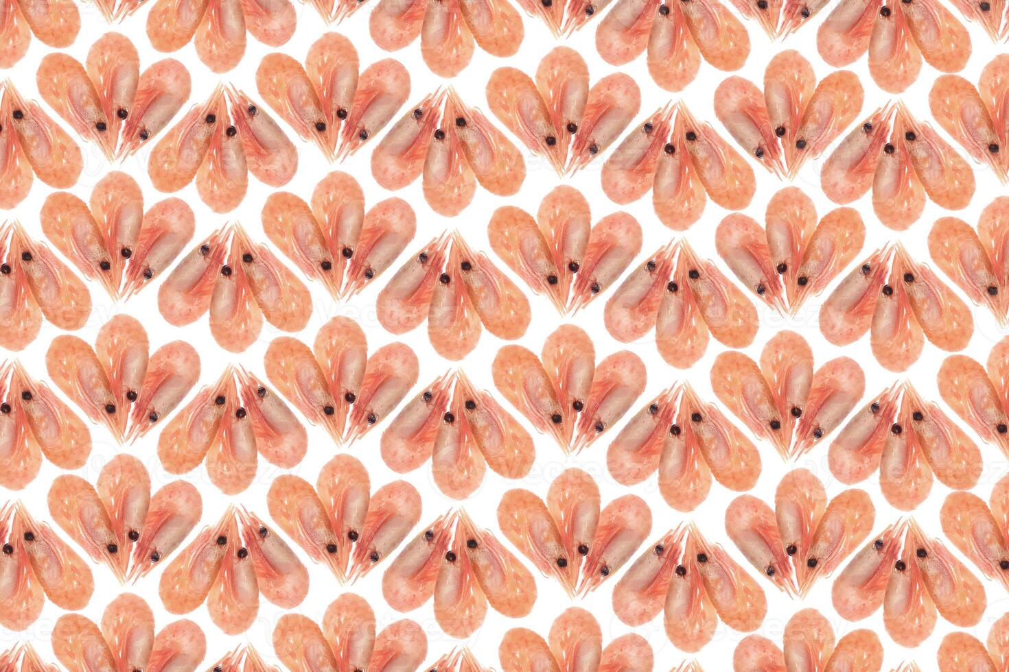 Isolated boiled shrimps background. Cooked prawns snack pattern. photo