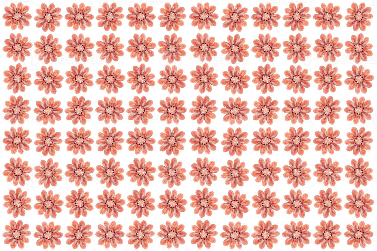 Cooked prawns snack pattern. Isolated boiled shrimps background. photo