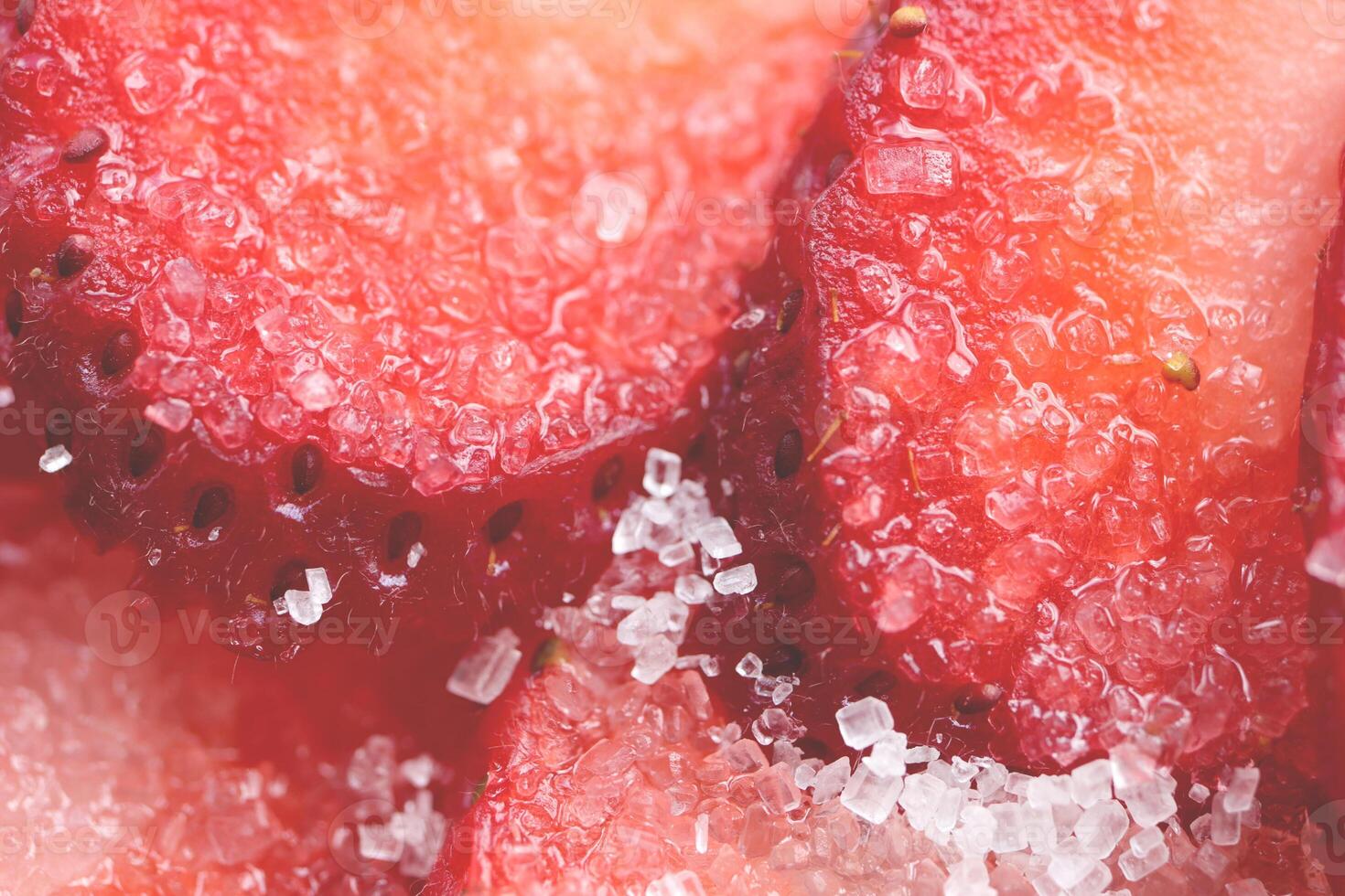 Fresh vitamin berry backdrop. Sliced strawberry sugar filling background. Red healthy tasty strawberry with sugar photo