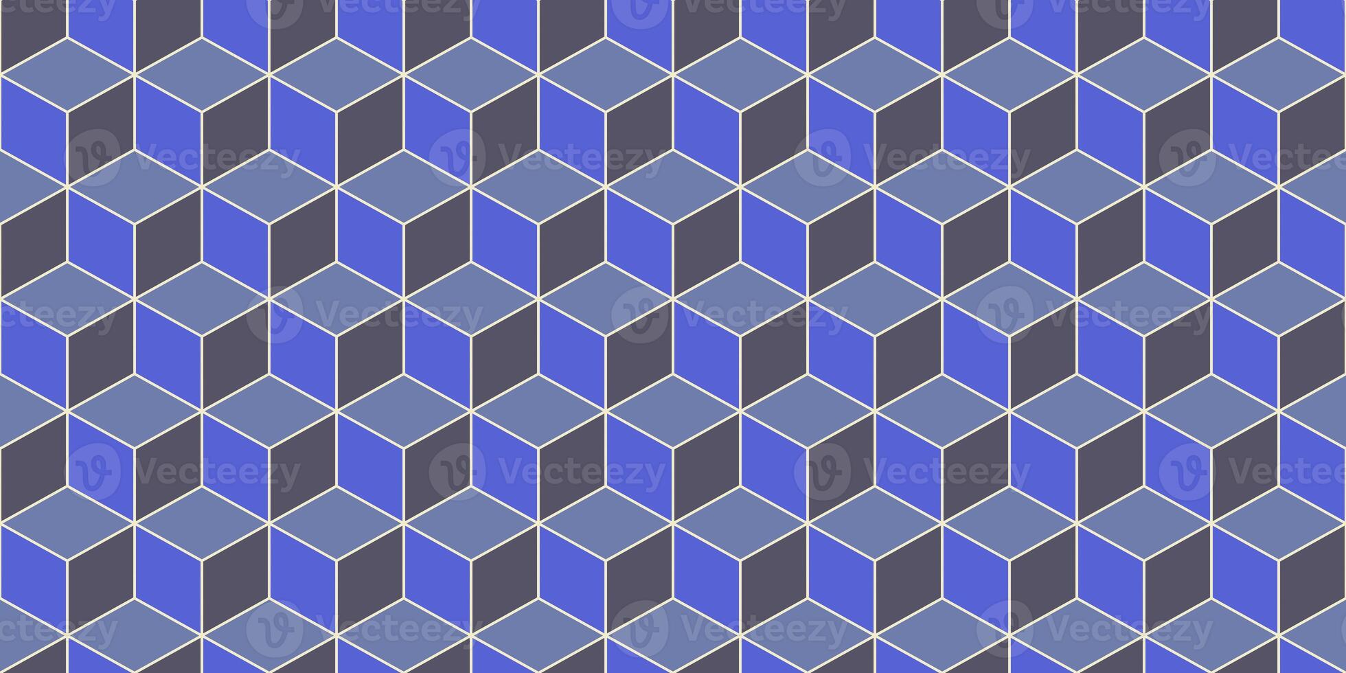 Blue Indigo Seamless Cube Pattern Background. Isometric Blocks Texture. Geometric 3d Mosaic Backdrop. photo