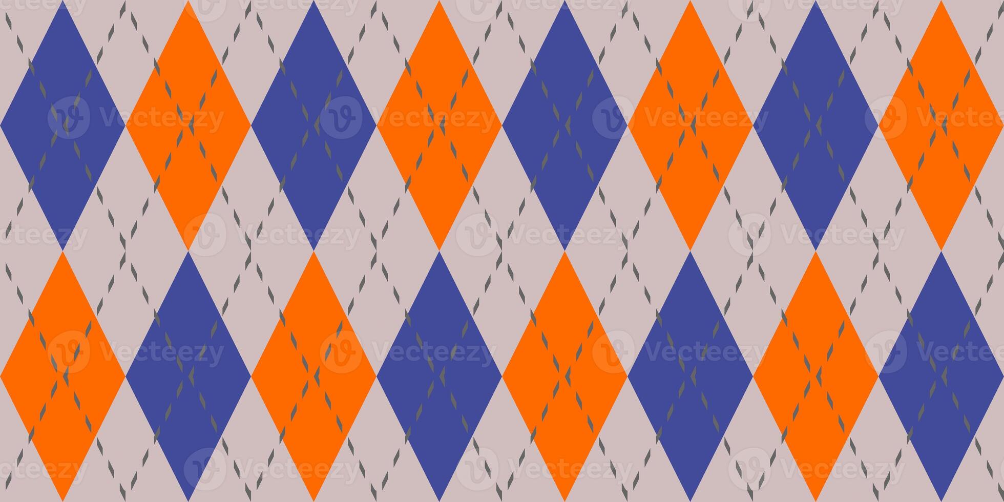 Orange Dark Blue Seamless Argyle Pattern. Retro Fabric Background. Traditional Rhombus Diamond Textile Texture. photo