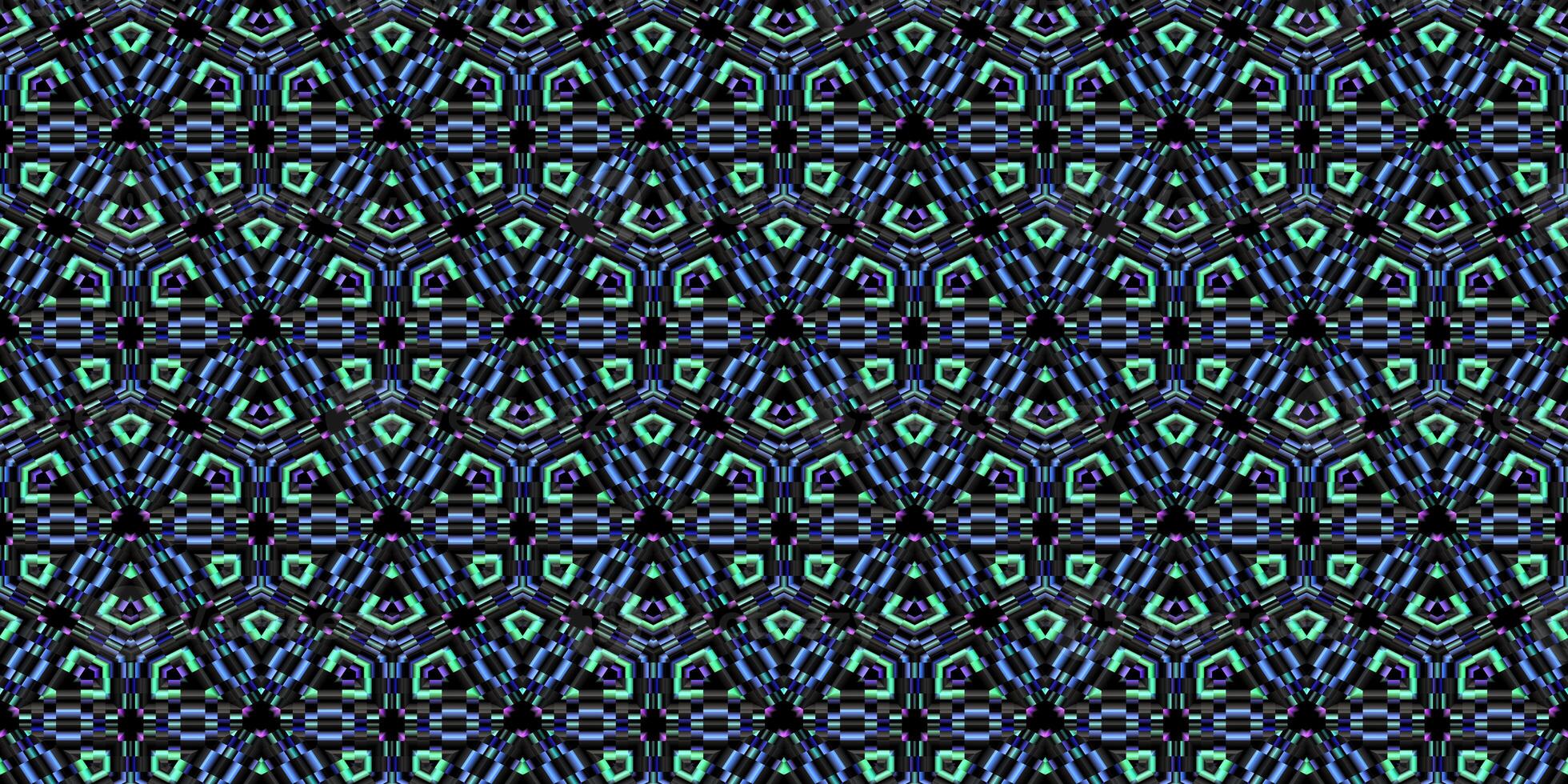 Blue Seamless Symmetrical Geometry Pattern. Mosaic Graphic Ornament Background. Abstract Fractal Surface Texture. photo