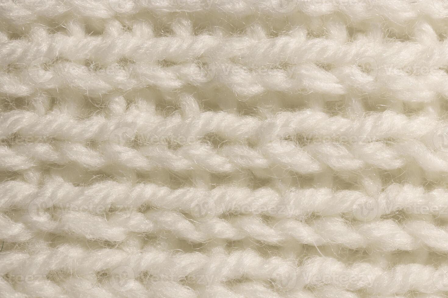 White Wool Knitting Texture. Horizontal Along Weaving Crochet Detailed Rows. Sweater Textile Background. Macro Closeup. photo