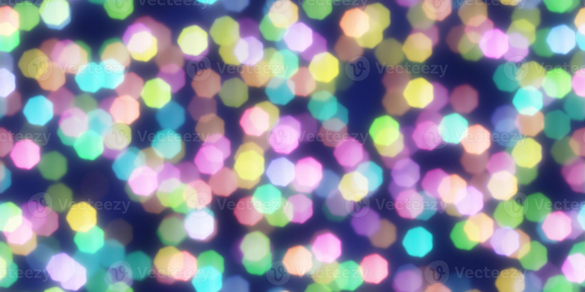 Bright Heptagon Shapes Bokeh Background. Abstract Figure Night Lights Texture. Abstract Glowing Forms Backdrop. photo