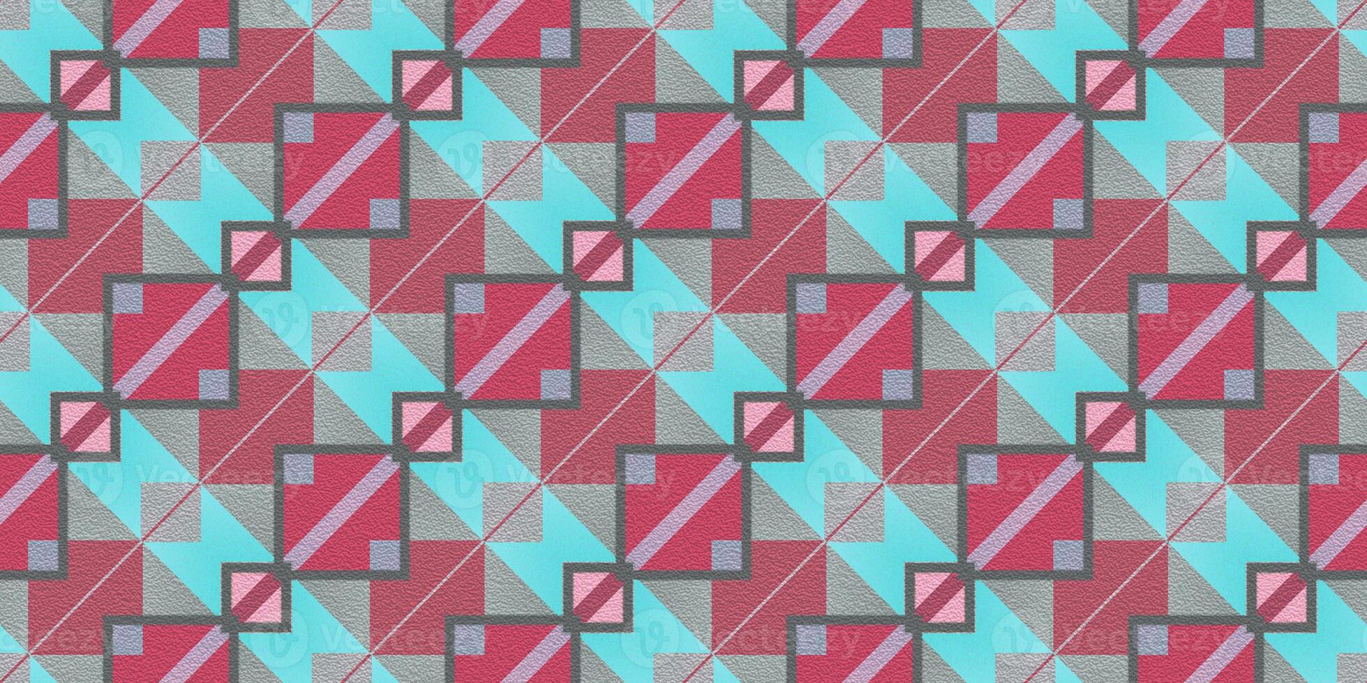 Red Scarlet Pink Blue Seamless Modern Maya Pattern Background. Geometric Ethnic Ornament Texture. Aztec Decorative Backdrop. photo