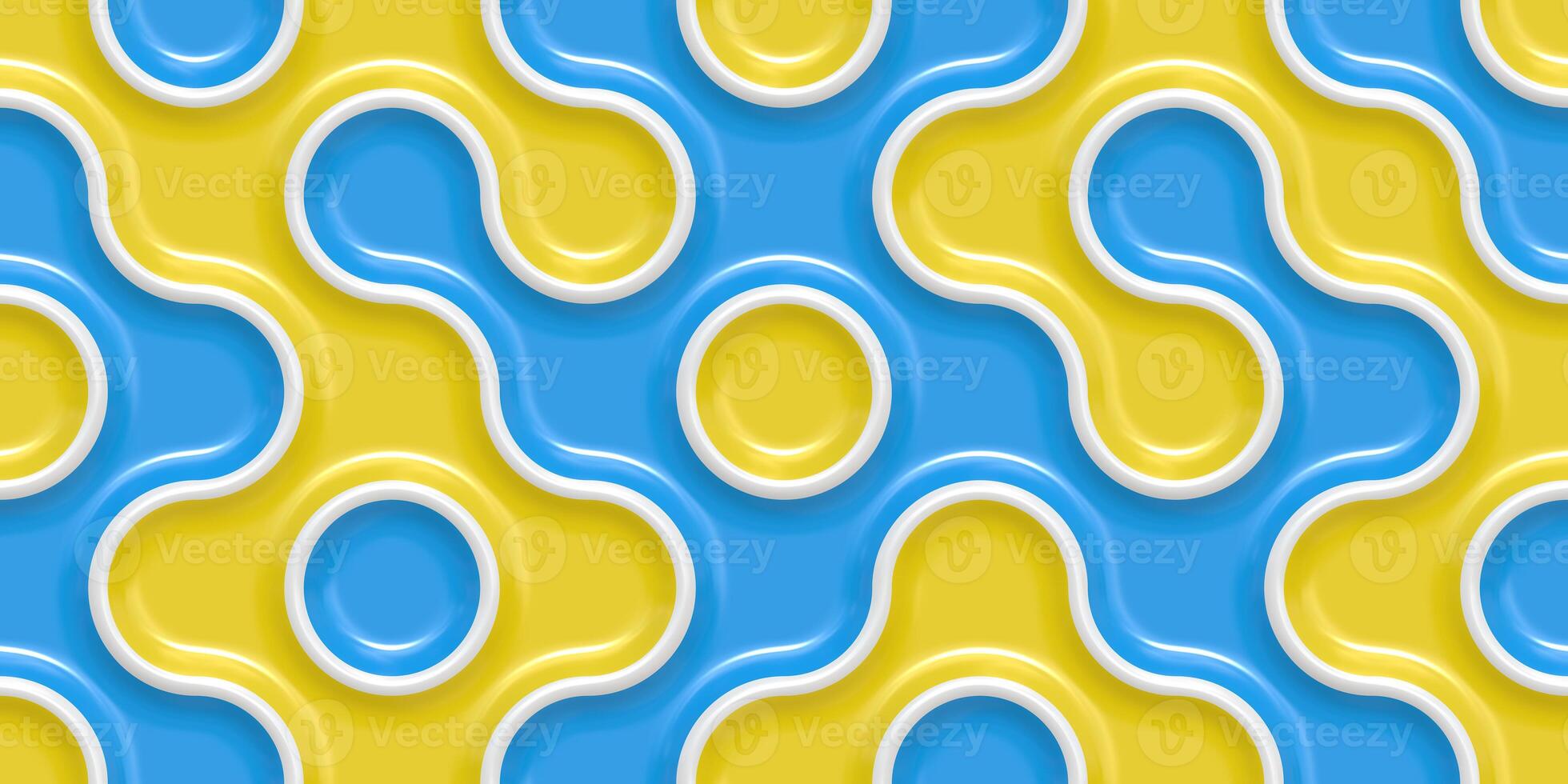 Yellow Blue Seamless Truchet Tilling Background. Geometric Mosaic Connections Texture. Tile Circles Labyrinth Backdrop. photo