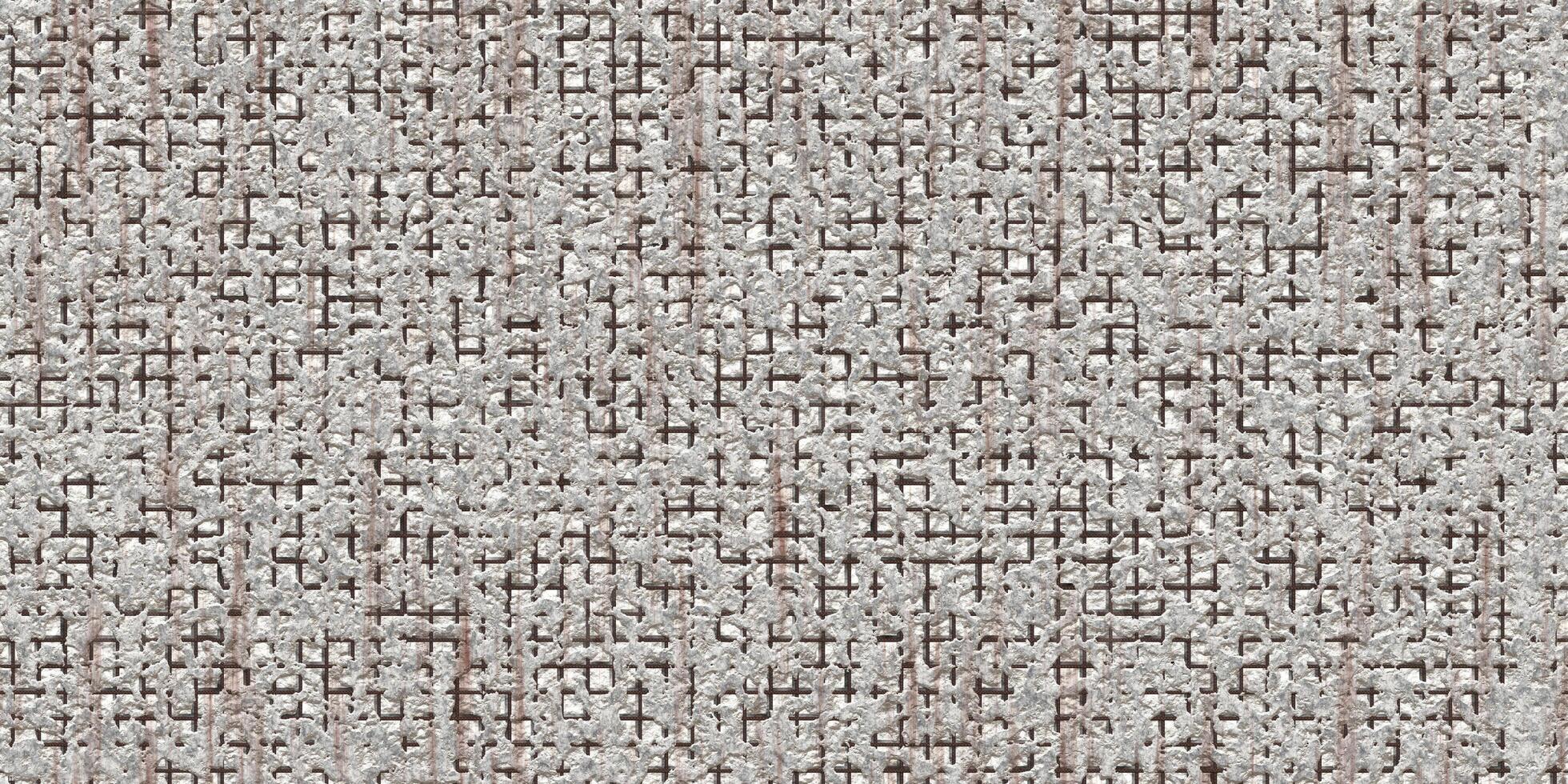Seamless broken stone wall with rust fittings background. Damaged concrete with rusty rebar textures. photo