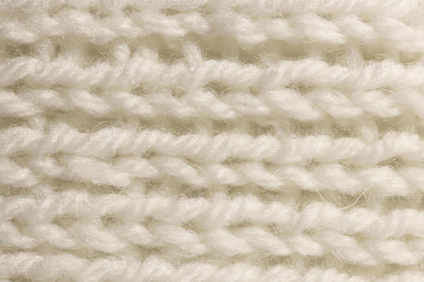White Wool Knitting Texture. Horizontal Along Weaving Crochet Detailed Rows. Sweater Textile Background. Macro Closeup. photo