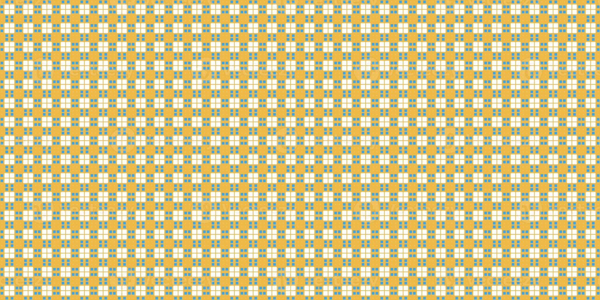 Yellow Cell Checks Background. Seamless Checkered Picnic Tablecloth Texture. Classic Plaid Geometric Checks. photo