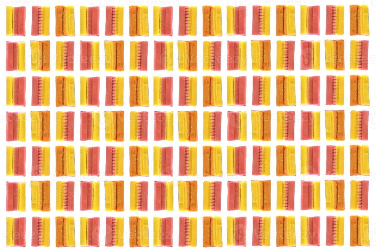 Yellow Red Colored Bubble Gum Pattern. Freshness Gummy Delicious Background. Yummy Backdrop. Macro Closeup. photo
