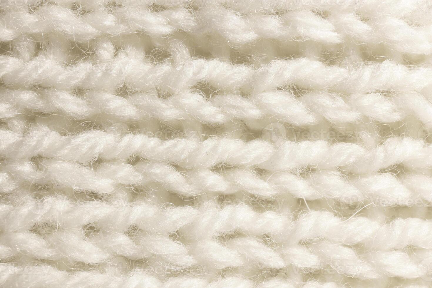 White Wool Knitting Texture. Horizontal Along Weaving Crochet Detailed Rows. Sweater Textile Background. Macro Closeup. photo