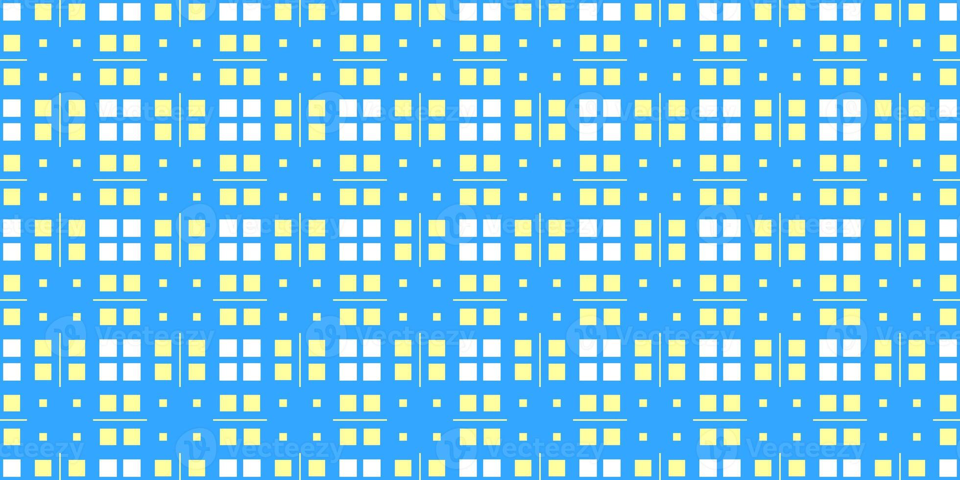 Yellow Blue Cell Checks Background. Seamless Checkered Picnic Tablecloth Texture. Classic Plaid Geometric Checks. photo