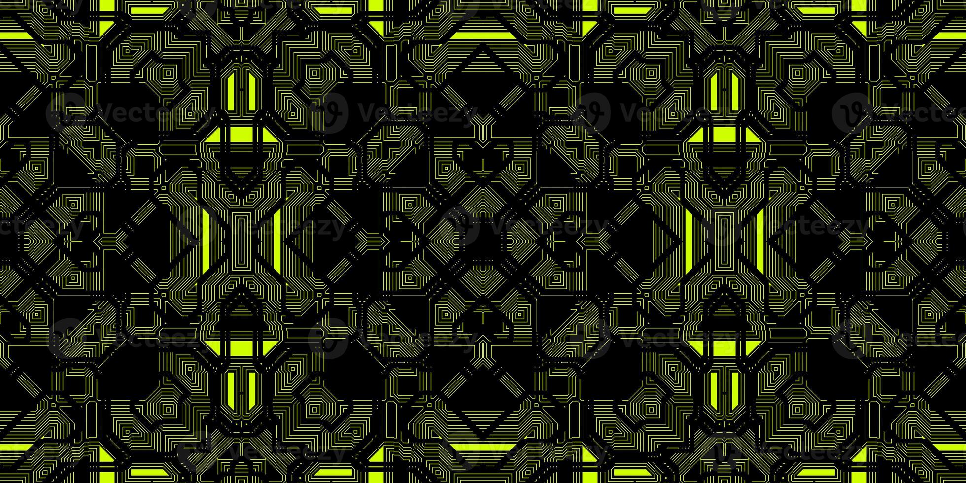 Black Yellow Seamless Techno Lines Pattern. Futuristic Geometry Background. Laser Technical Design Texture. photo