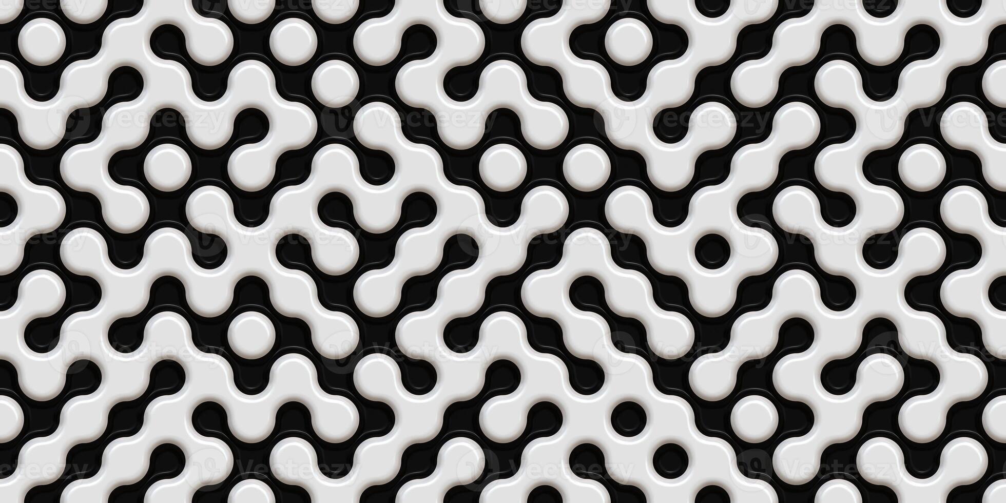 Black White Seamless Truchet Tilling Background. Geometric Mosaic Connections Texture. Tile Circles Labyrinth Backdrop. photo